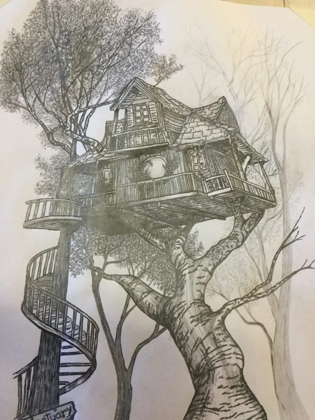 How do you draw a treehouse step by step