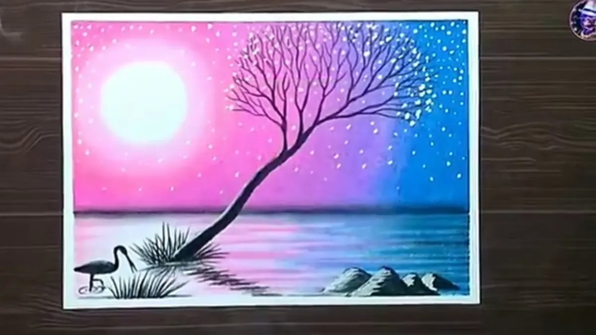 Easy trick a beautiful purple moonlight scenery drawing ||oil pastel tutorial step by step