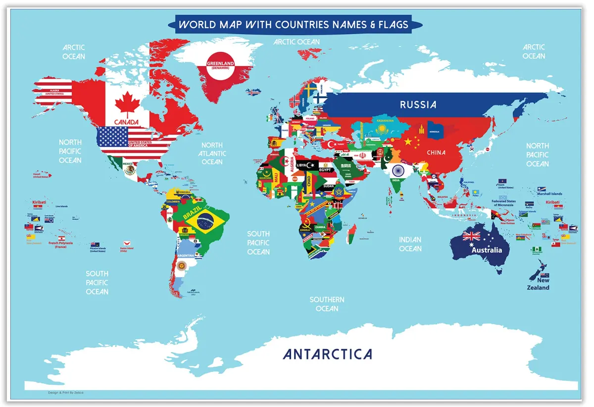 World Map Poster with Countries FLAGS For Kids (SMALL size13x19 World Map Laminated) Perfect World wall Map fo