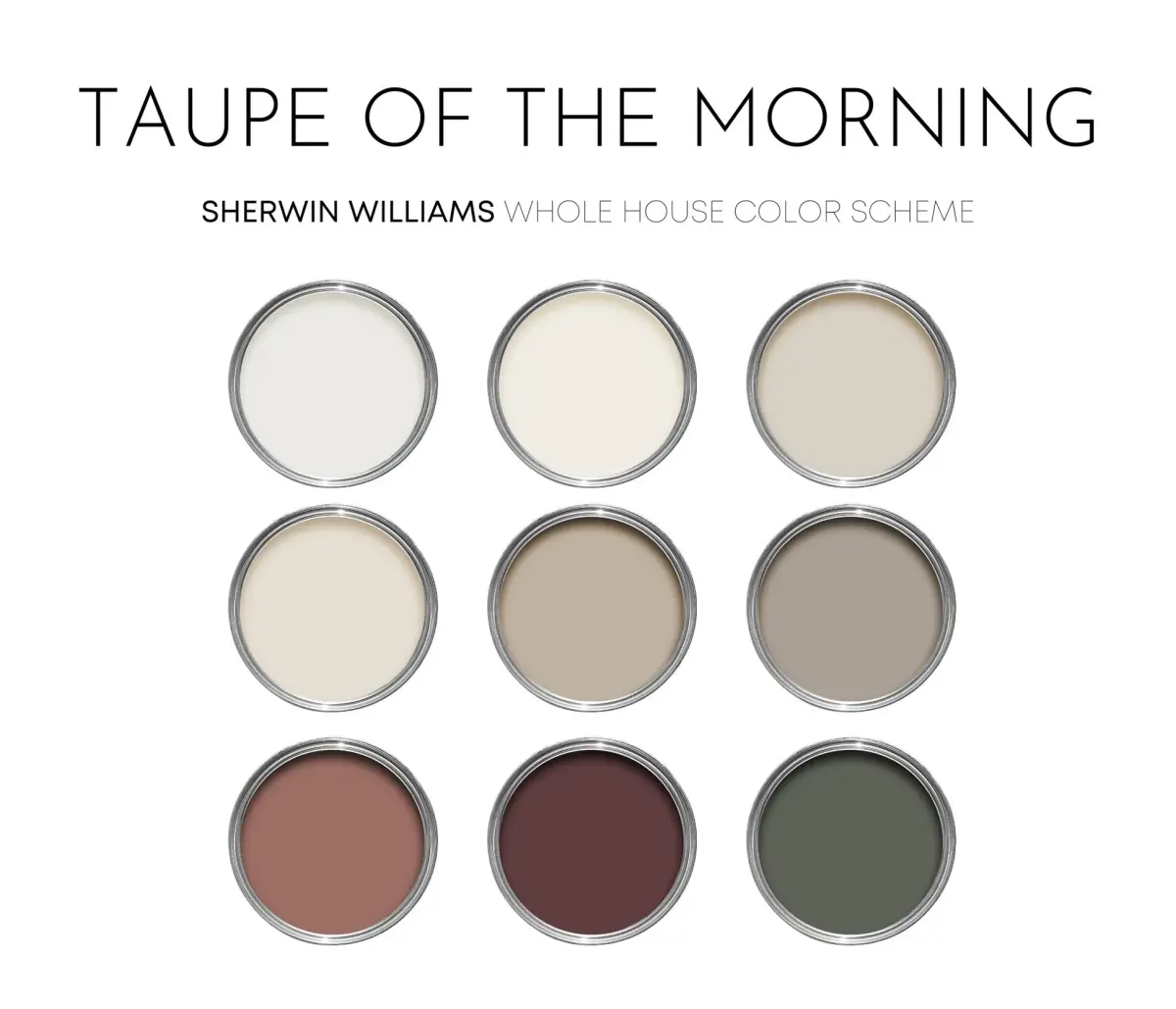 Taupe of the Morning Sherwin Williams Paint Palette, Neutral Interior Paint Colors, Transitional, Warm Neutral