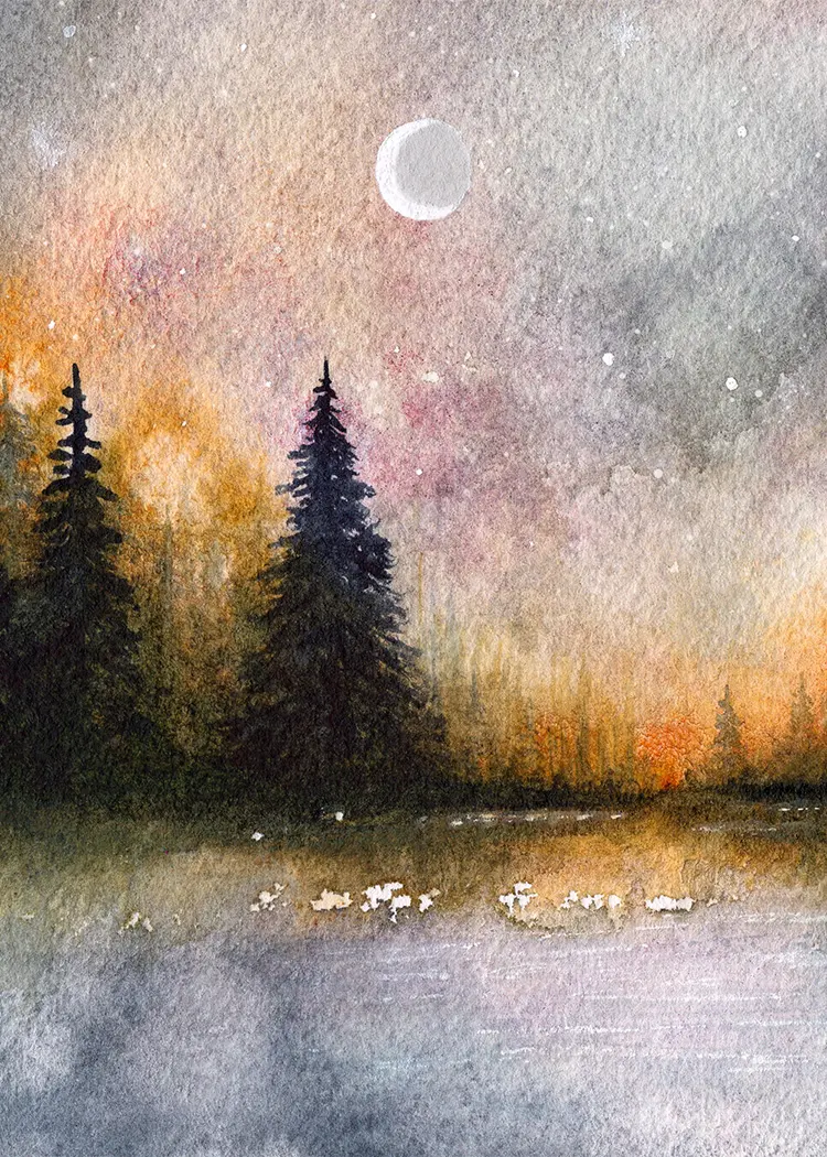 Lunar Twilight Watercolor Painting