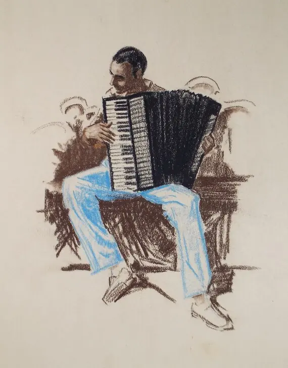 Original Pastel Drawing, 'accordion Player', Artist Unknown, Circa 1950's