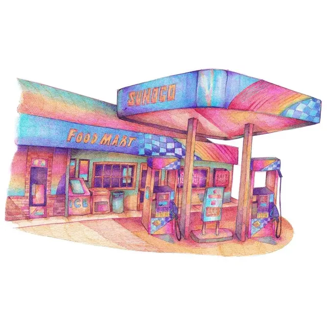 my favorite thing to draw: gas stations in ballpoint pen!