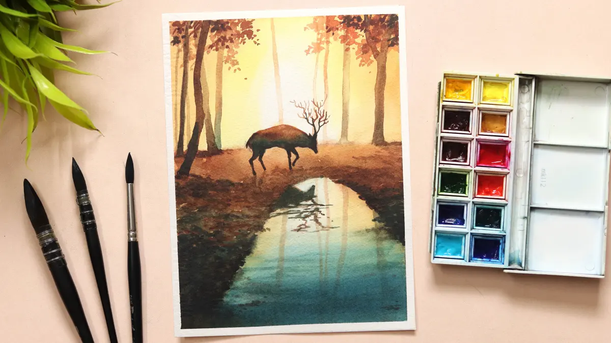 Learn Watercolor Painting of Beautiful Autumn Forest Landscape with Trees and Deer