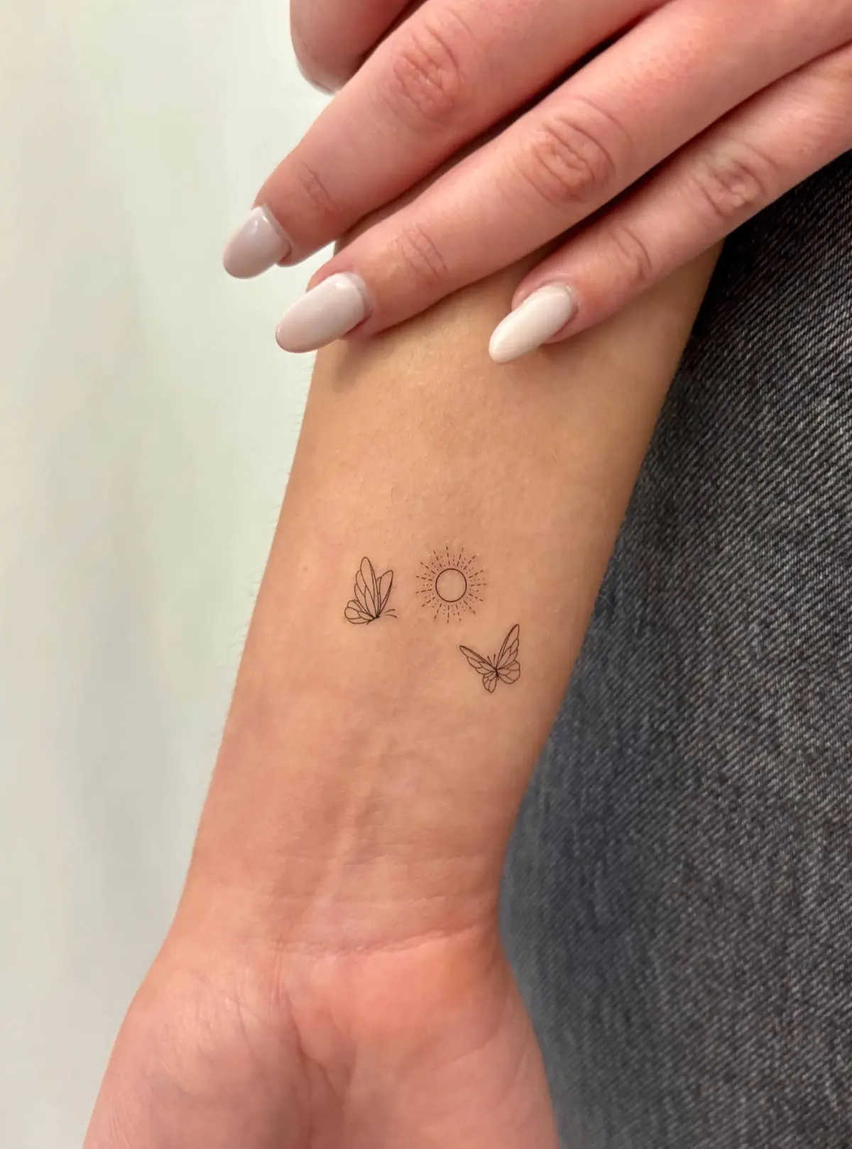 Tiny Minimalist Butterfly and Sun Fine Line Temporary Tattoo (set of 3) / Boho Butterfly Tattoo