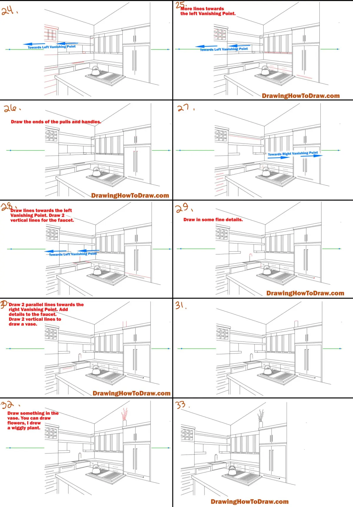 How To Draw a Kitchen / Room in Two Point Perspective Step by Step Tutorial