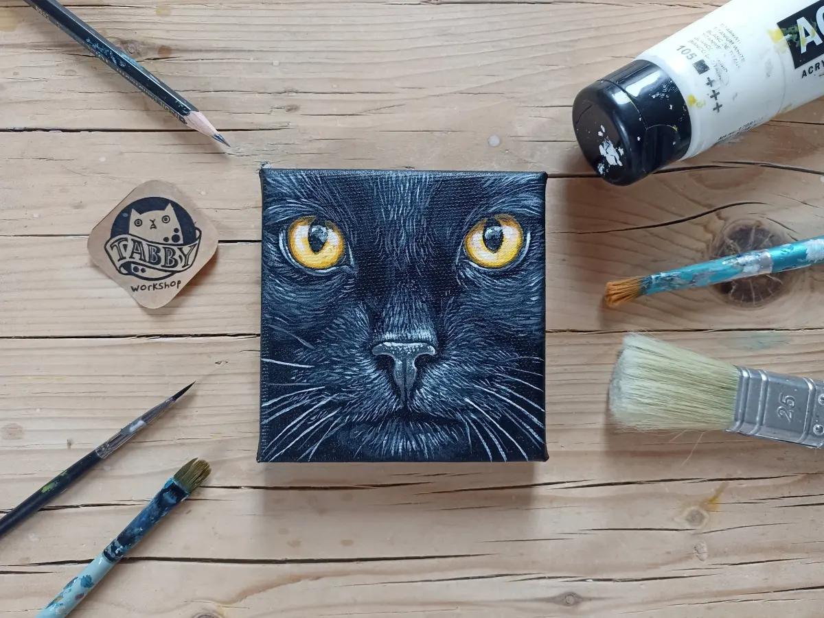 Black Cat Acrylic Painting on Canvas, 10x10cm, Original Fine Art