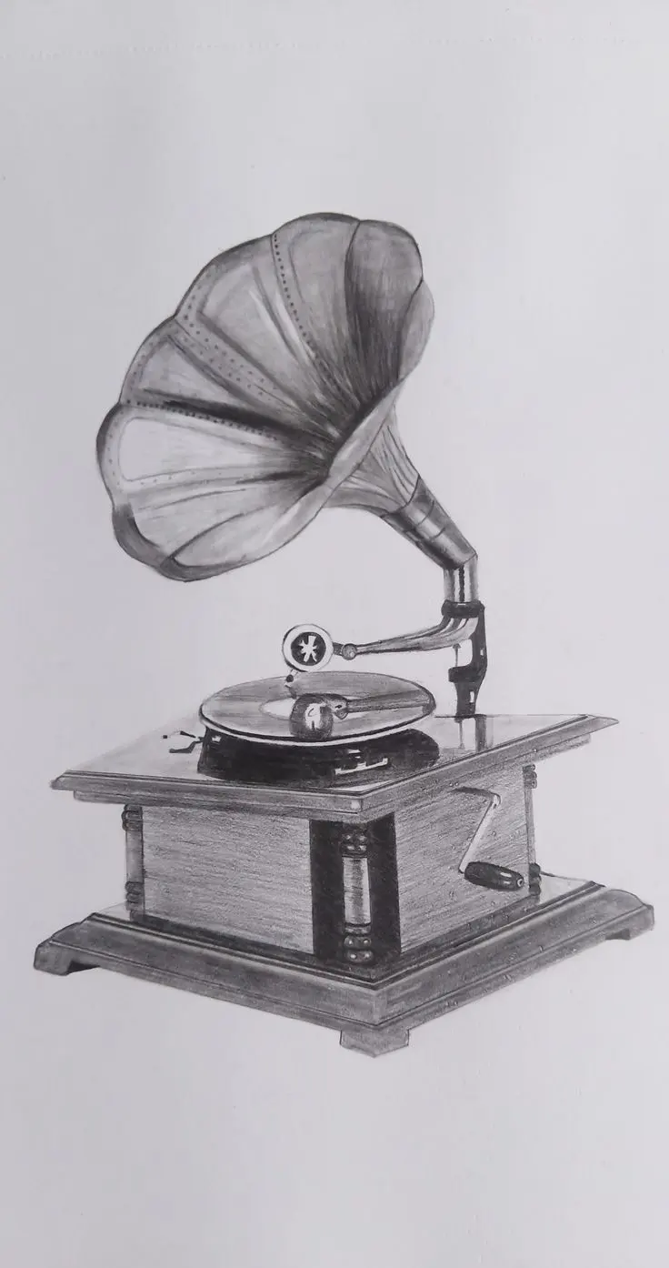 Gramophone Pencil Drawing , Antique Things