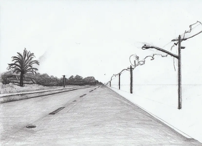 Full drawing of a road in one-point perspective