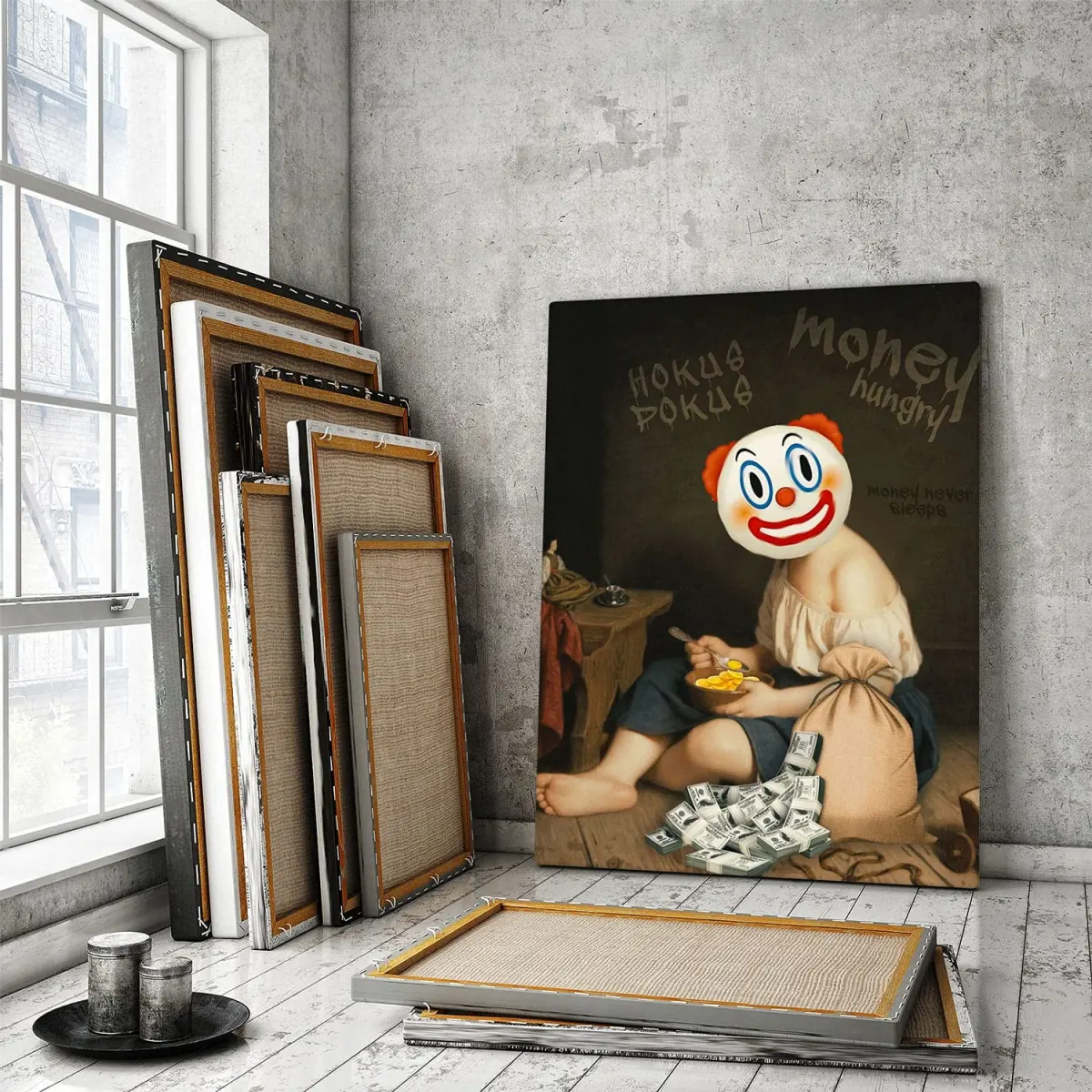 Money Hungry Fine Art Framed Canvas Print, Reproduction Art, Gallery Art Decor, Modern Art Artwork (60" x 40" 