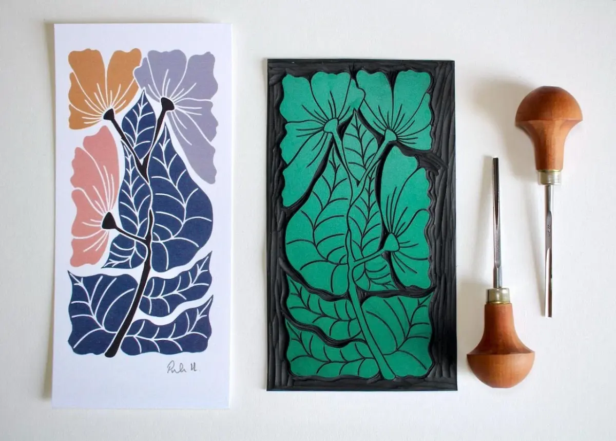 Modern linocut 'Harmonious' floral print