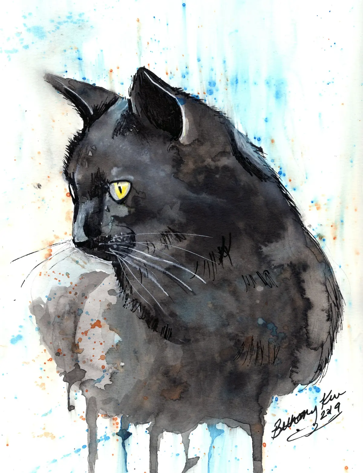 Watercolor Black Cat Painting Wall Art Print by Bethany