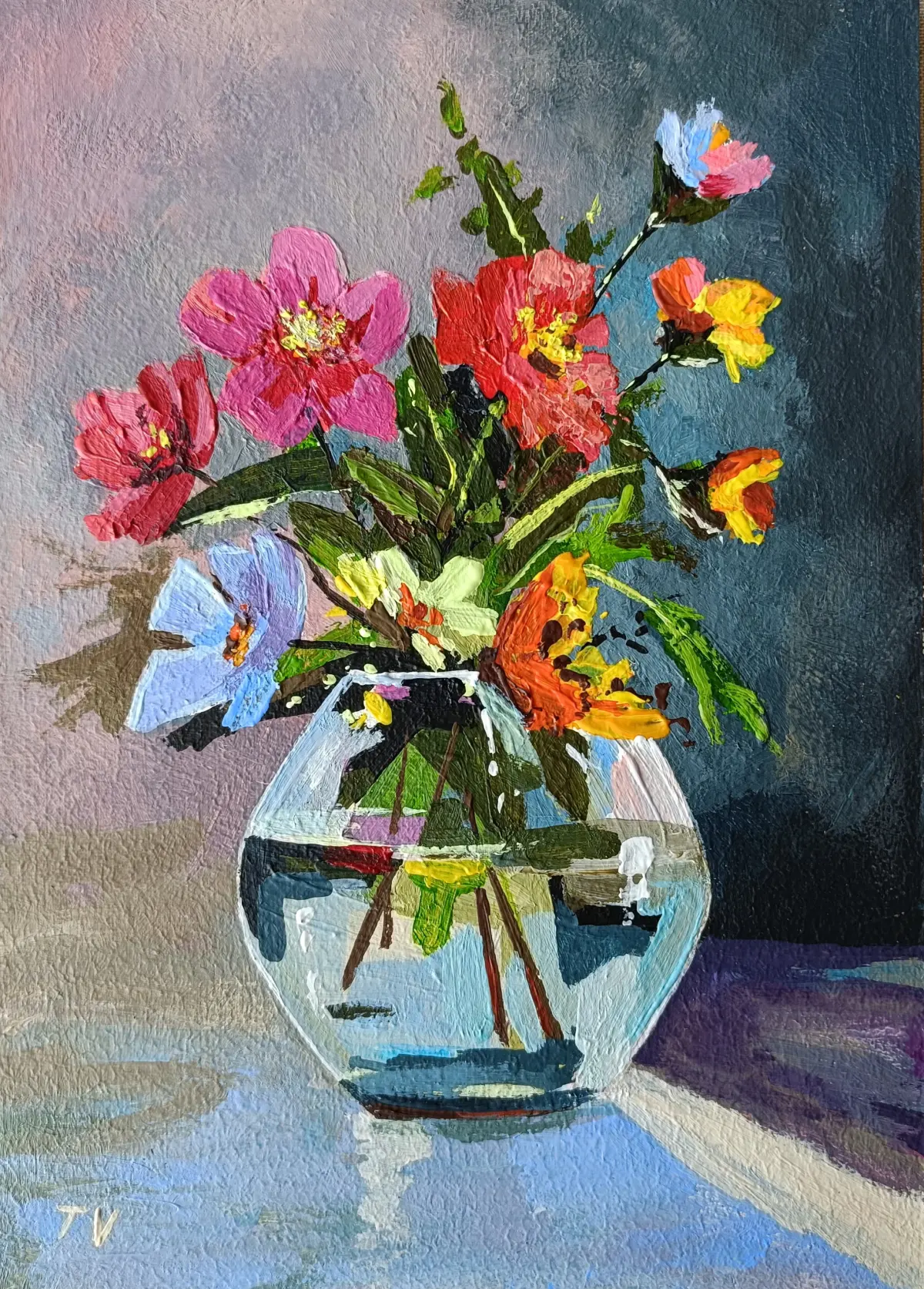 Floral Still Life: Miniature Acrylic Painting, Original Art 7x5 In