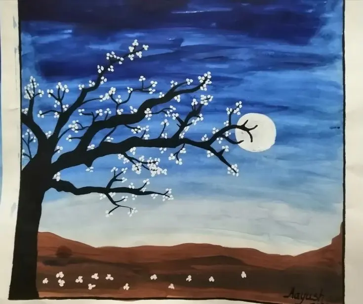 Night Scene Painting with Tree and Flowers