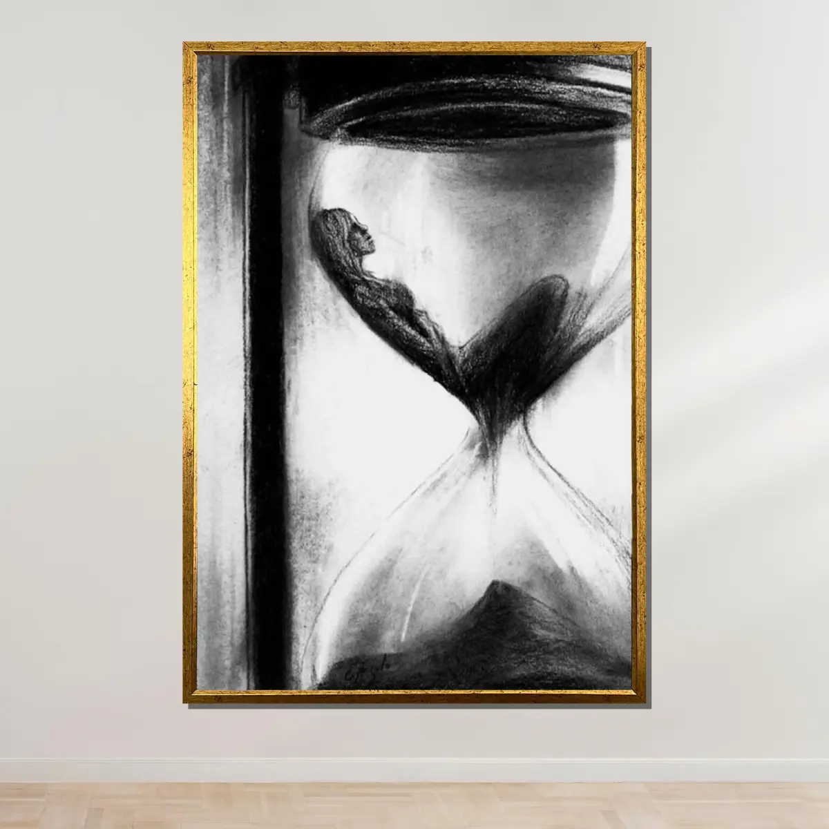 Hourglass Woman Art, Surreal Time Drawing, Black and White Hourglass Canvas, Emotional Wall Art, Thought-Provo