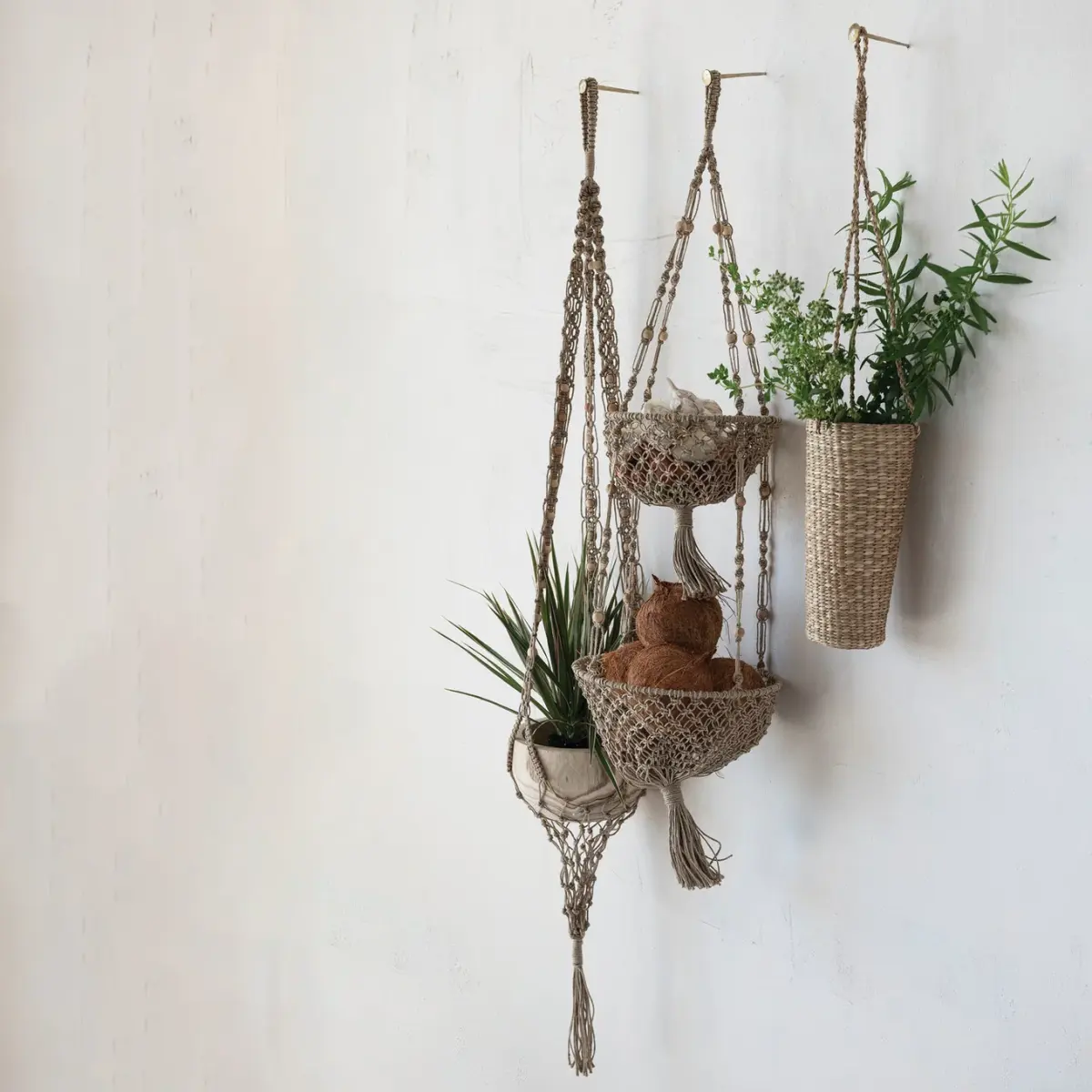 Jute Macrame Plant Hanger with Wood Beads & Tassel