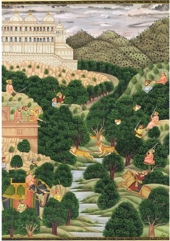 Vintage Indian Miniature Painting: Hunting Scene Art on Silk (13.5x17.5 Inches)