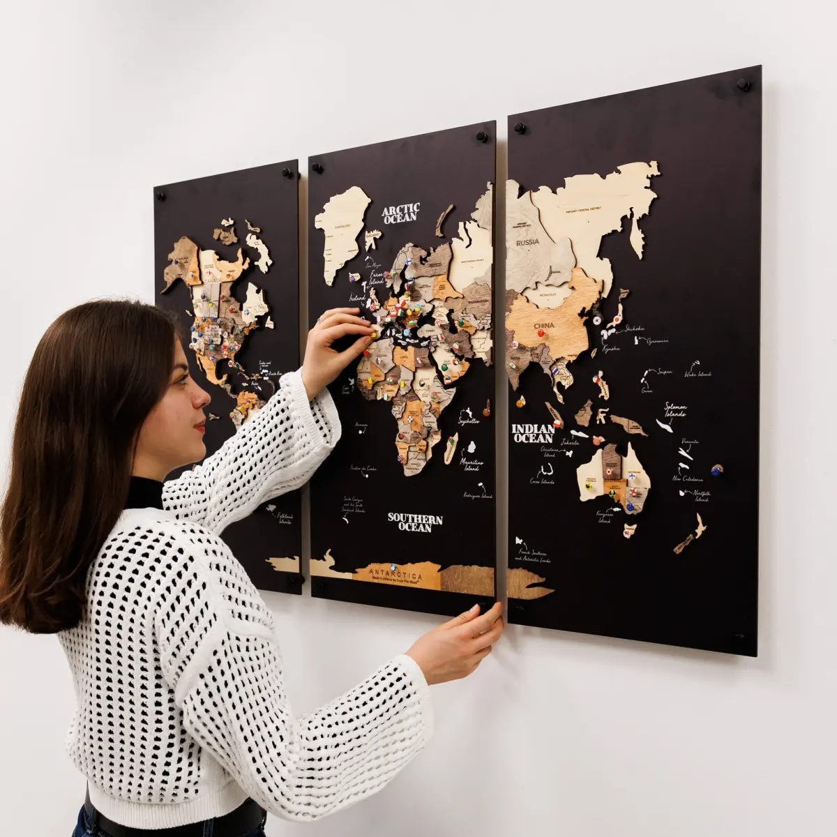 3D Wooden World Map Triptych Frameless