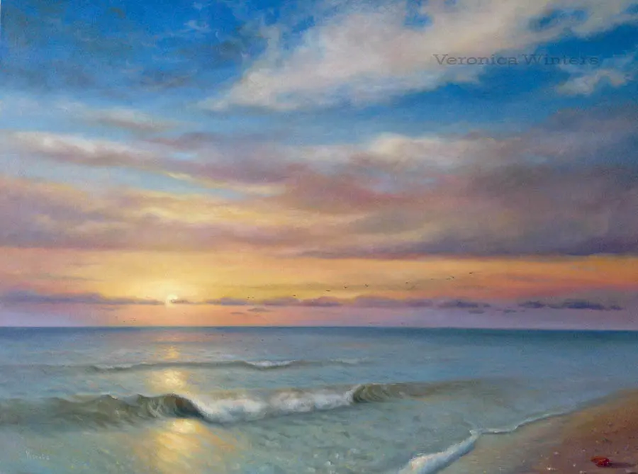 Realism oil painting sunset by the ocean