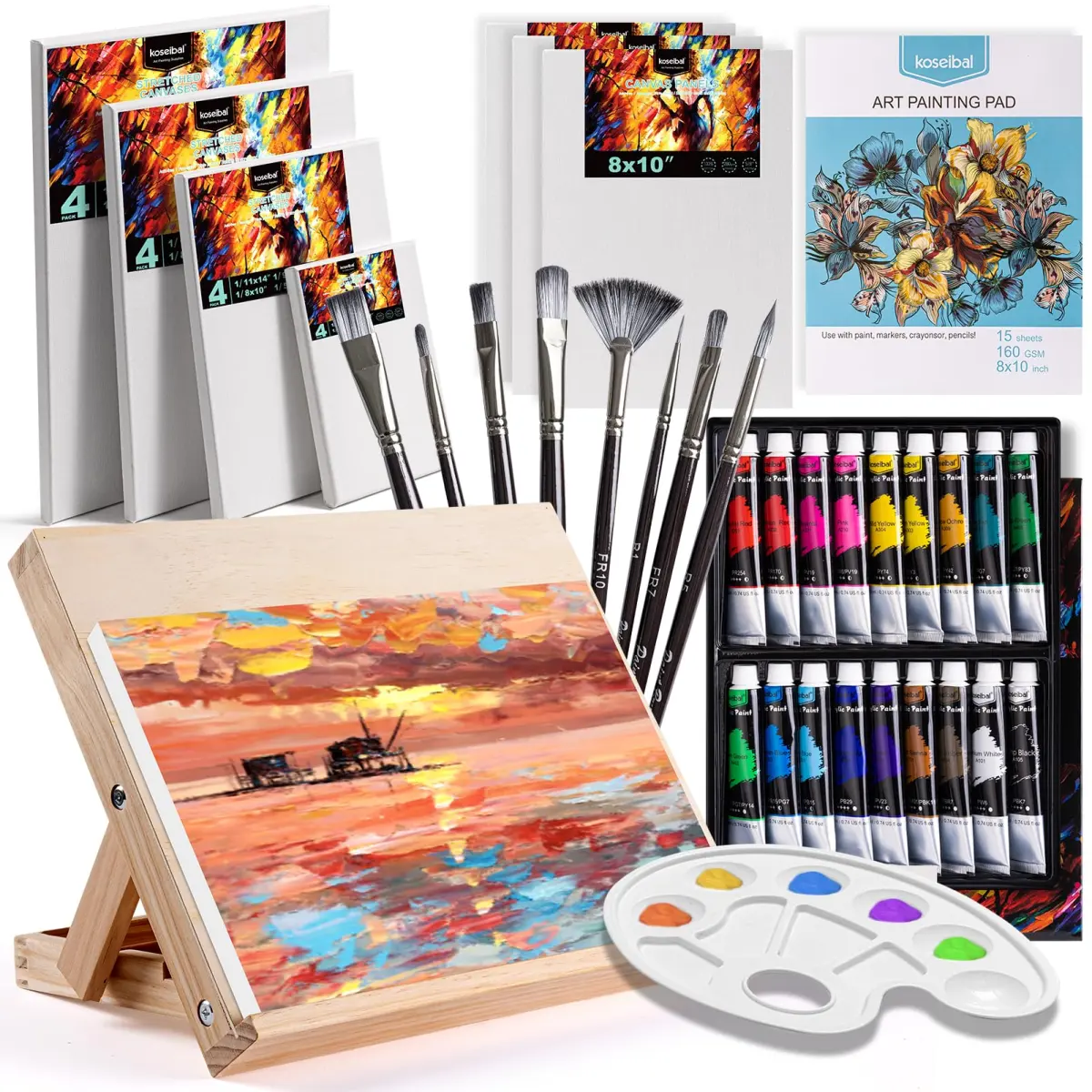 koseibal Acrylic Paint Set with Tabletop Easel and Canvas for Kids, Adults