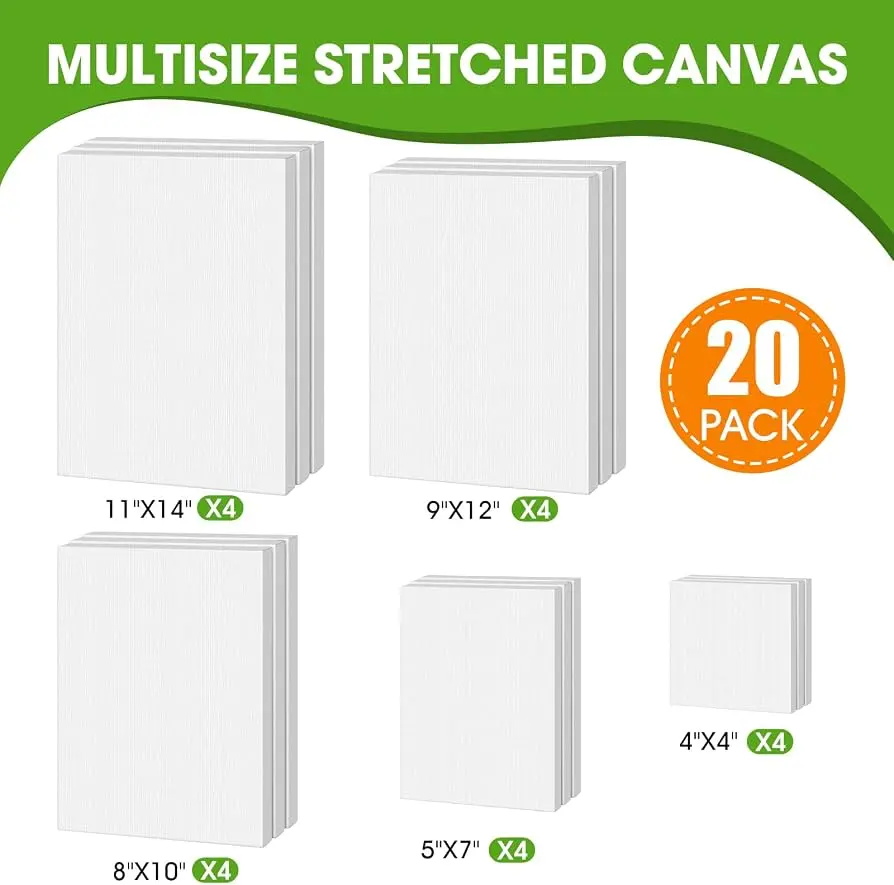 Stretched Canvas for Painting, Multi Size 11x14, 9x12, 8x10, 5x7, 4x4(4 of Each), 20 Packs Primed Blank Canvas