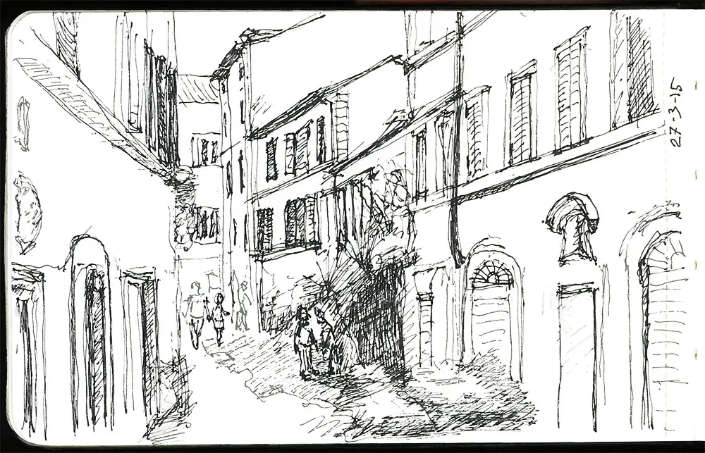 Perspective drawing of a street view scene in Rome, ballpoint pen