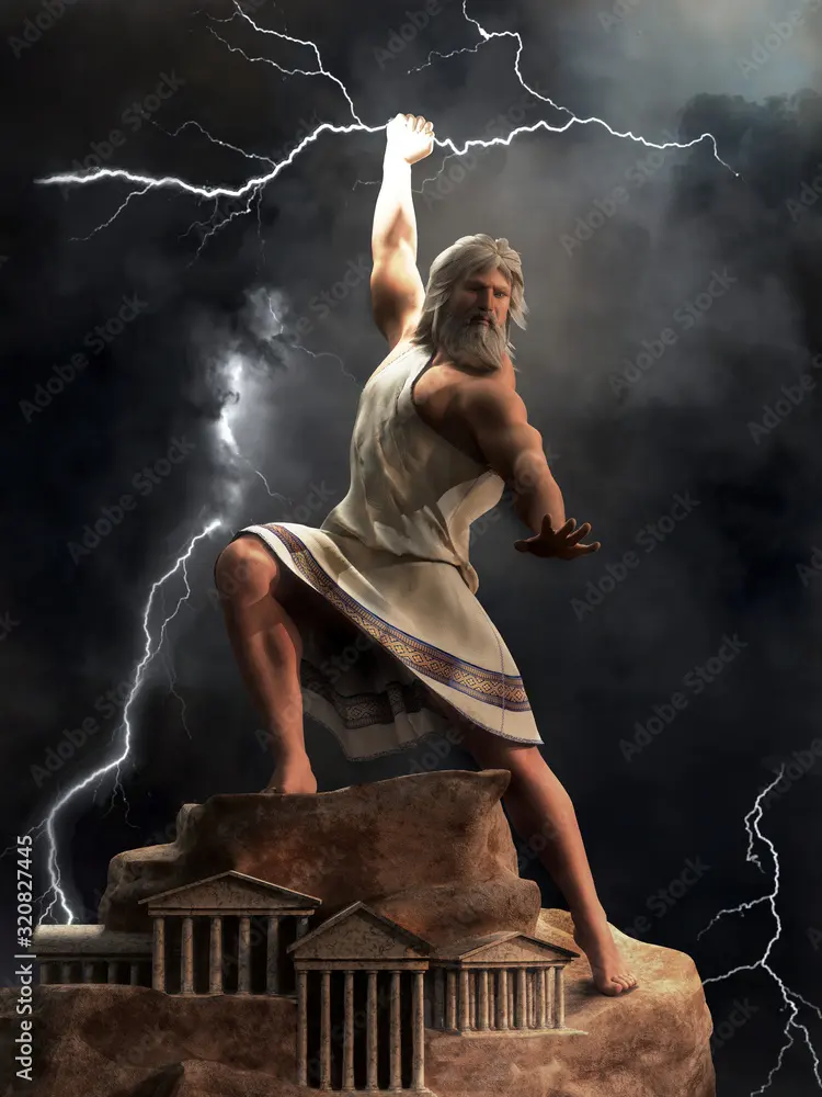 Poster, Print Zeus, the king of the Greek gods, stands upon Mount Olympus ready to hurl lightning bolts down u
