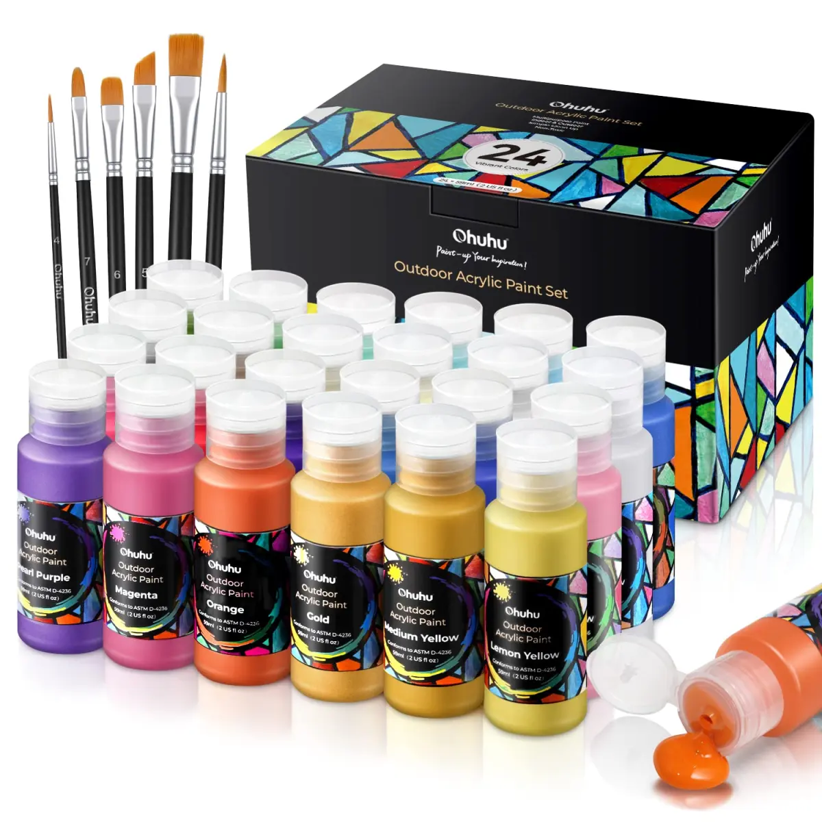 Ohuhu 24 Colors Outdoor Acrylic Paint Set, 2 oz./60ml Bottles for Artist