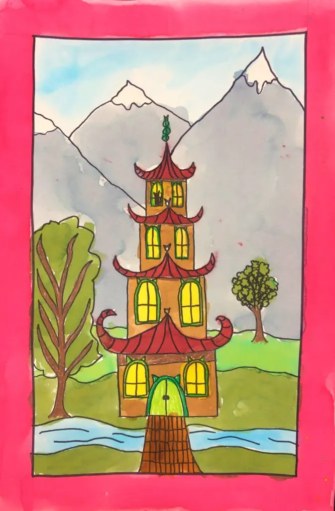 Ancient Pagoda Art Lesson for middle school kids