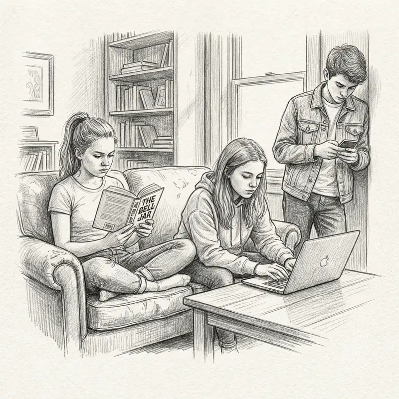 Caucasian Teens Pencil Sketch: Reading & Tech Focus