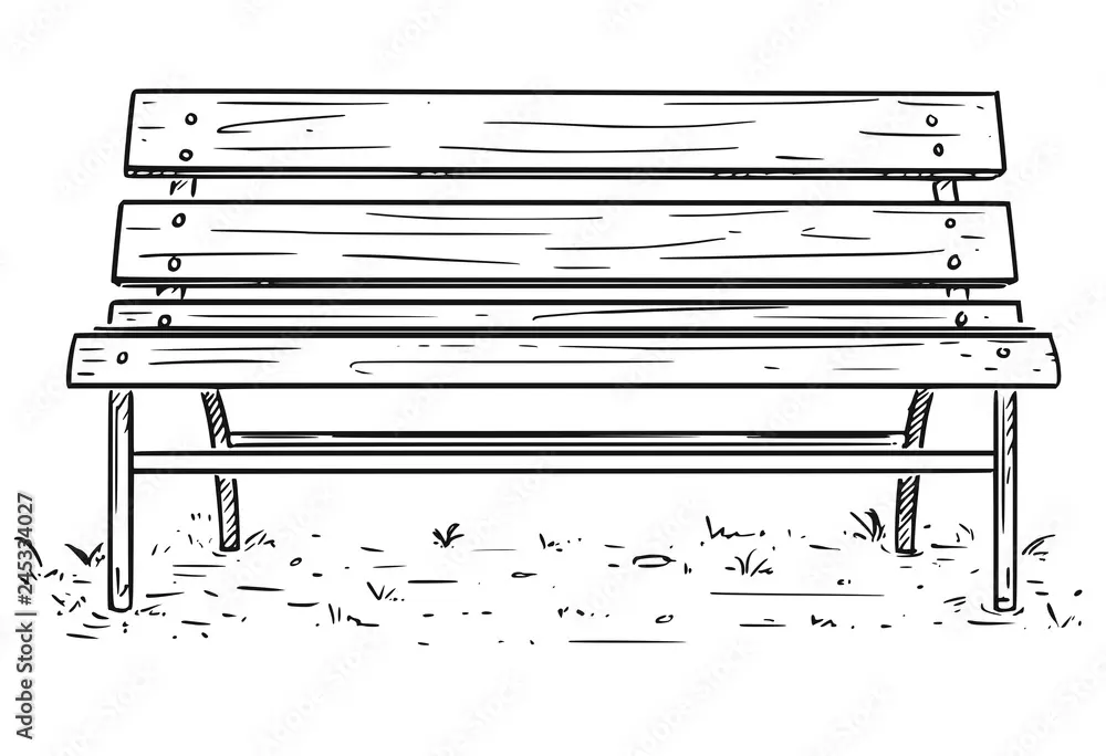 Vetor Cartoon Drawing illustration of empty park bench or seat made from metal and wood. do Stock