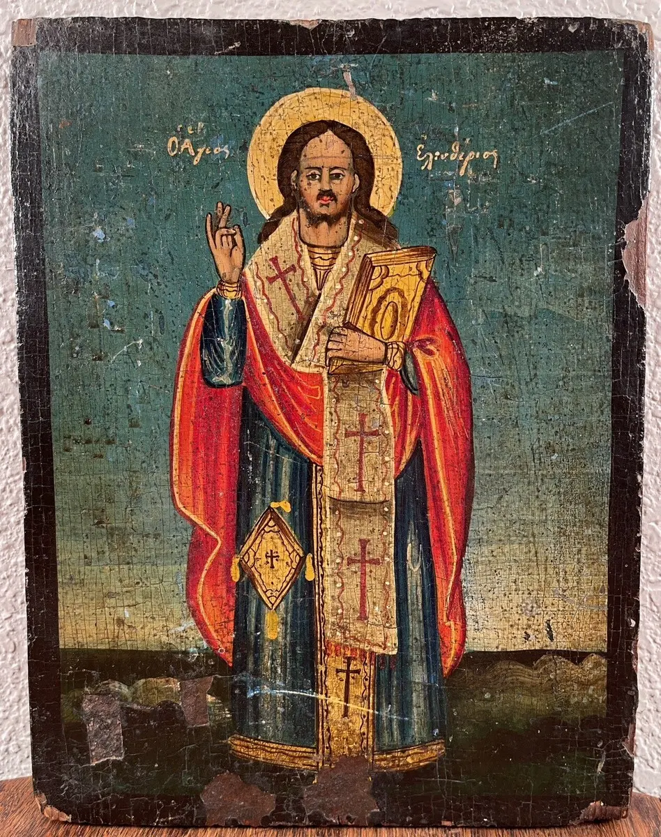 Antique Greek Russian Orthodox Saint Eleutherius Icon Painting Religious 18th C