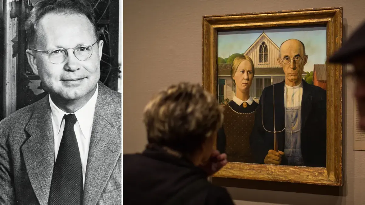?American Gothic’, famous piece by artist Grant Wood, is displayed to visitors at the Art Institute of Chicago