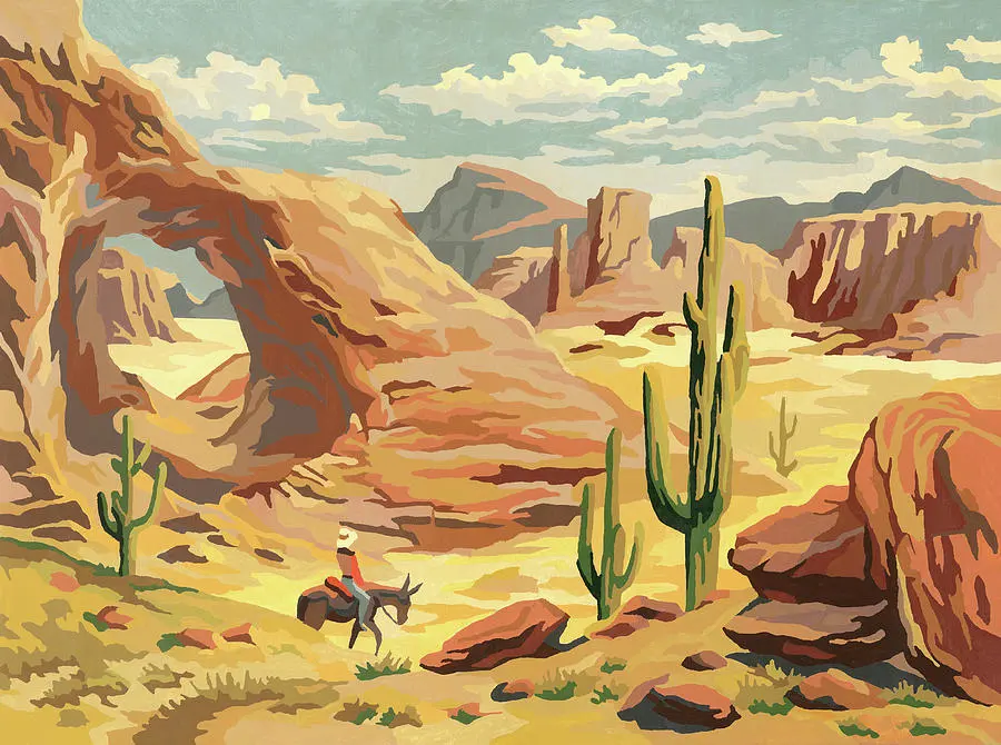 Desert Landscape With Cowboy #1 Drawing by CSA