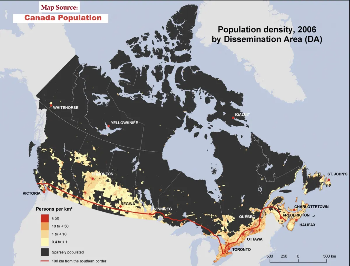 Canada's Population Is Clustered Near the Southern Border, Yet Is Nonetheless Distanced from the United States