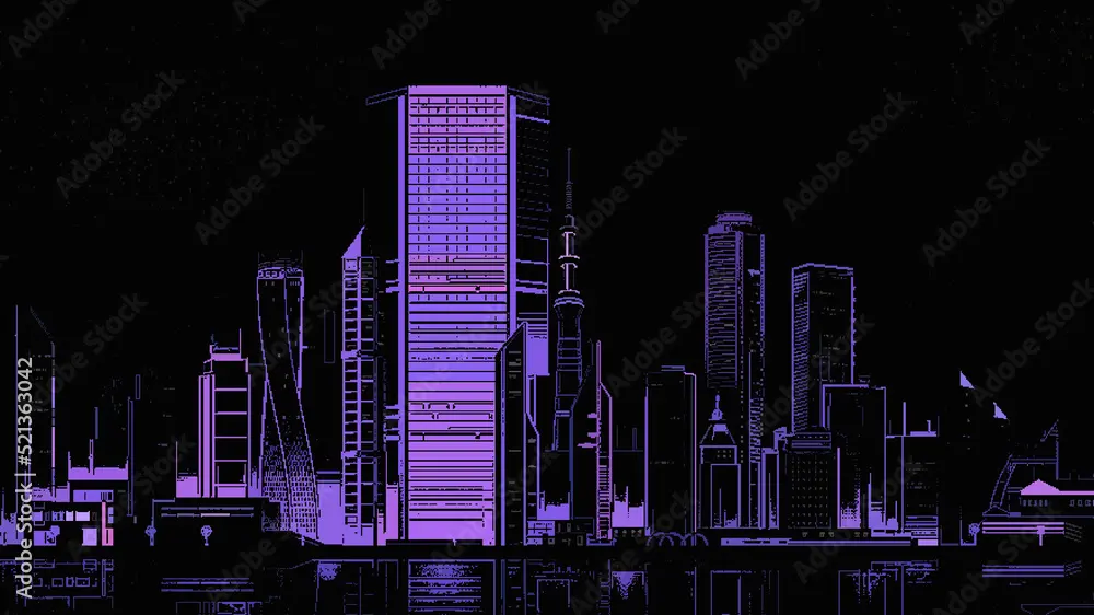 8-bit night city drawing, wide panoramic view, 3D rendering Stock Illustration