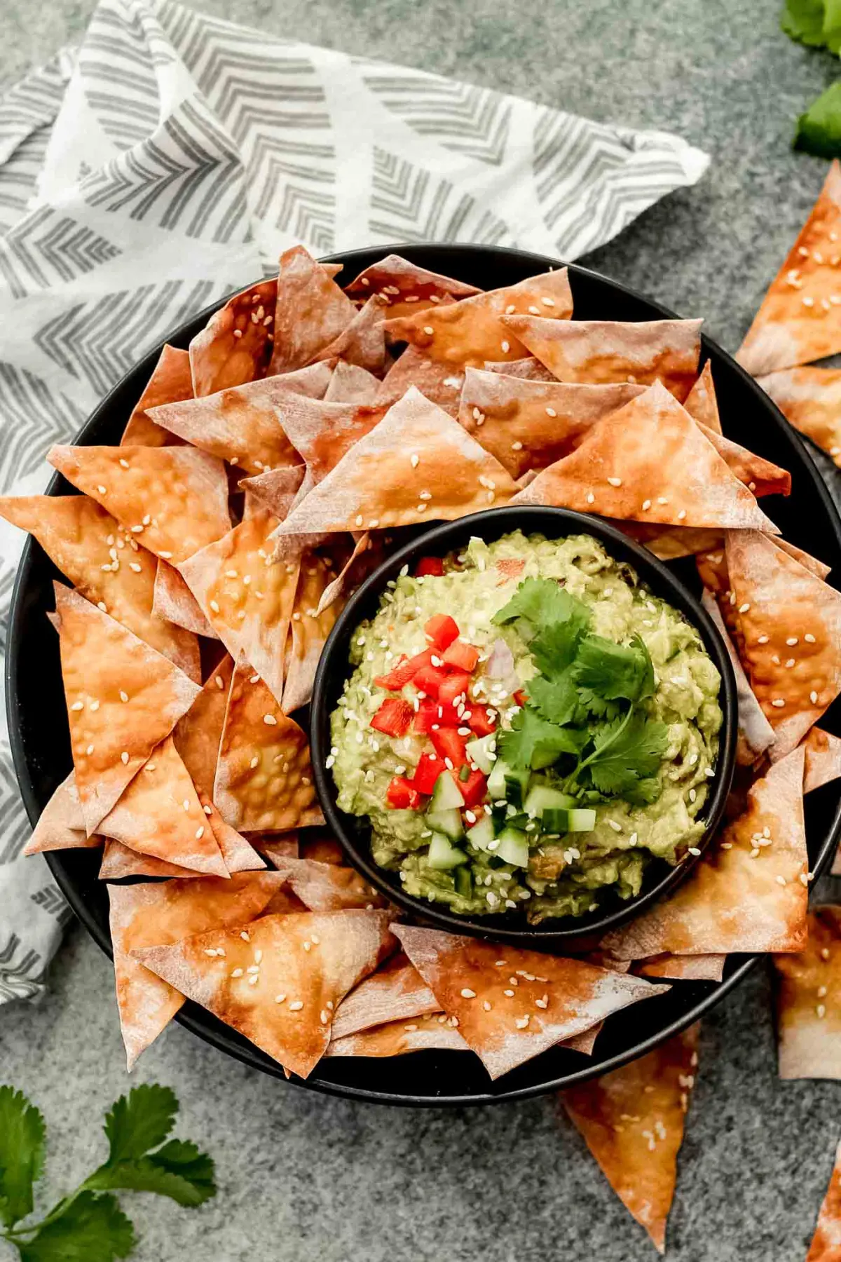 Asian Flavor Guacamole with Sesame Wonton Crisps