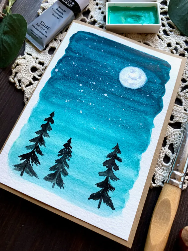 Watercolour Starry Night Sky With A Moon & Pine Trees + VIDEO