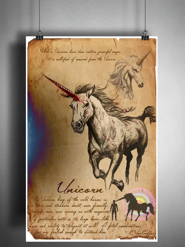 Unicorn mythology art, urban legend bestiary cryptozoology science journal art, monsters and folklore