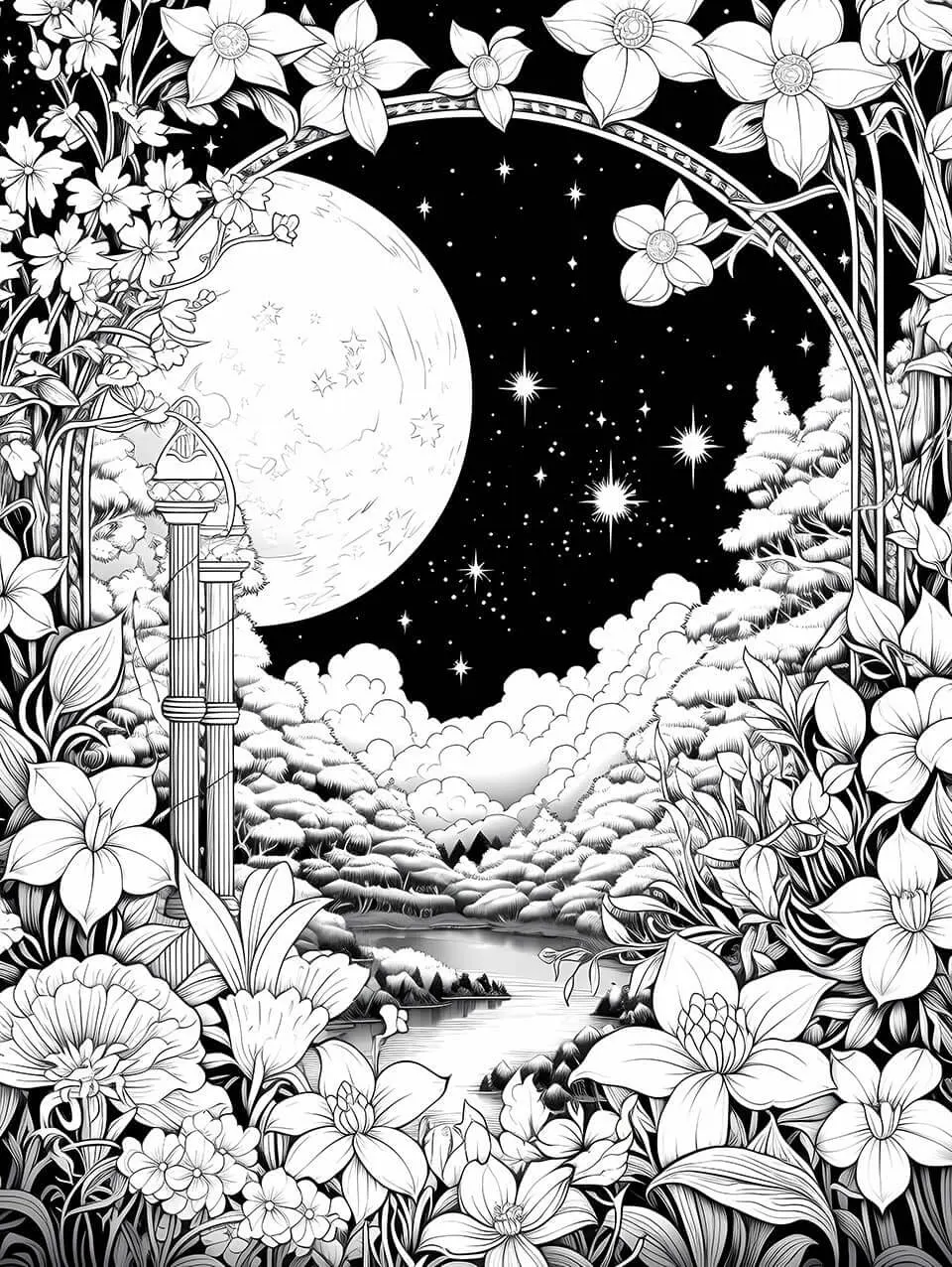 Moonlit Floral Escape Adult Coloring Page