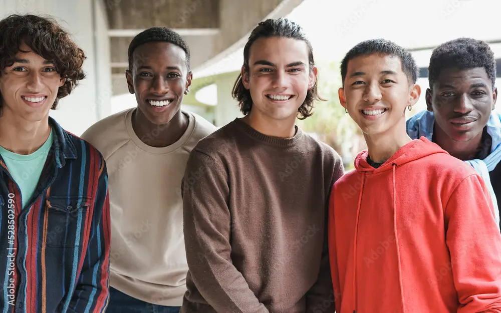 Poster, Print Group of happy multiethnic boys smiling on camera at school outdoor, 40x26.7 cm