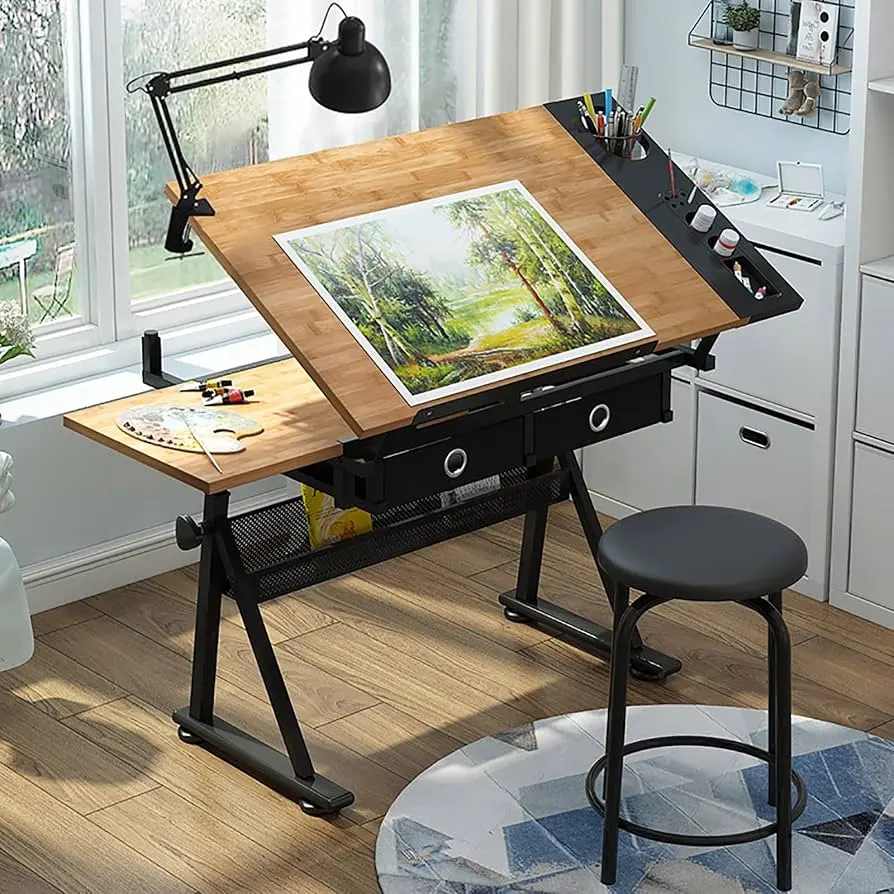 Drawing Table Adjustable Drafting Table with Stool, Tiltable Draft Desk Drawing Table, Bamboo/ Tabletop Drawin