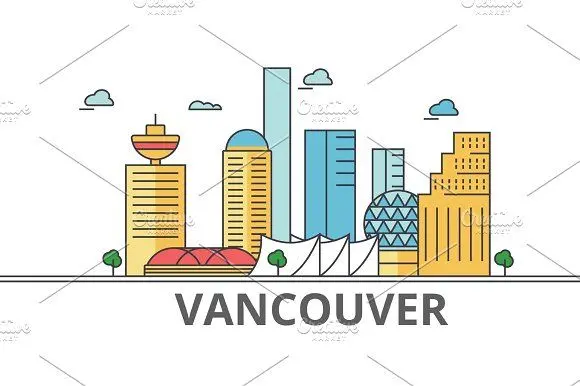 Vancouver city skyline: buildings, streets, silhouette, architecture, landscape, panorama, landmarks. Editable