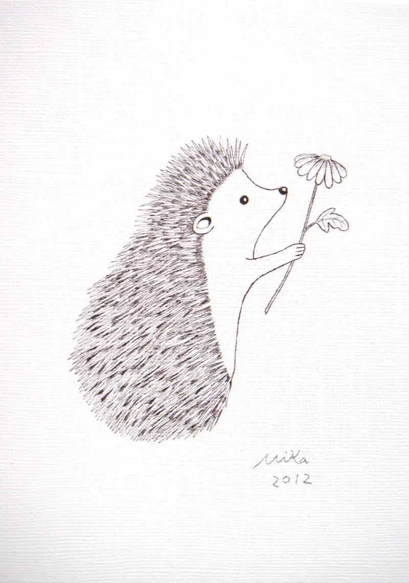 Hedgehog Ink Drawing Print: Black and White Nursery Art