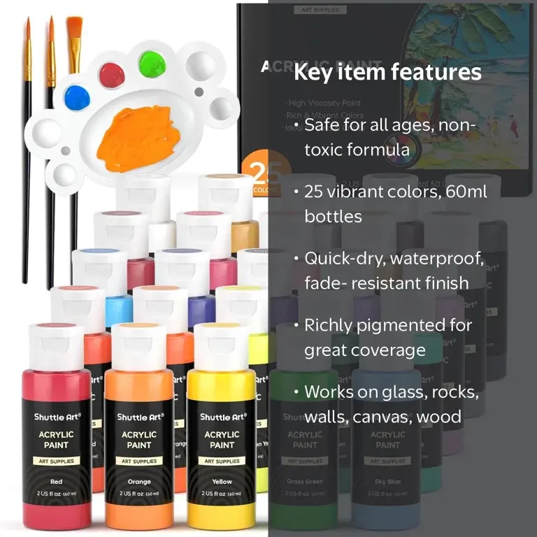 Shuttle Art Acrylic Paint, 25 Colors Acrylic Paint Set, 2oz/60ml Bottles, Rich Pigmented, Waterproof, Premium 