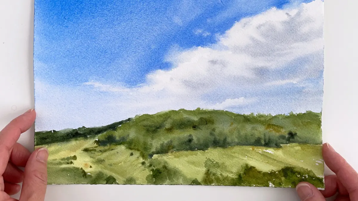 Blue Sky & Clouds Watercolor Landscape