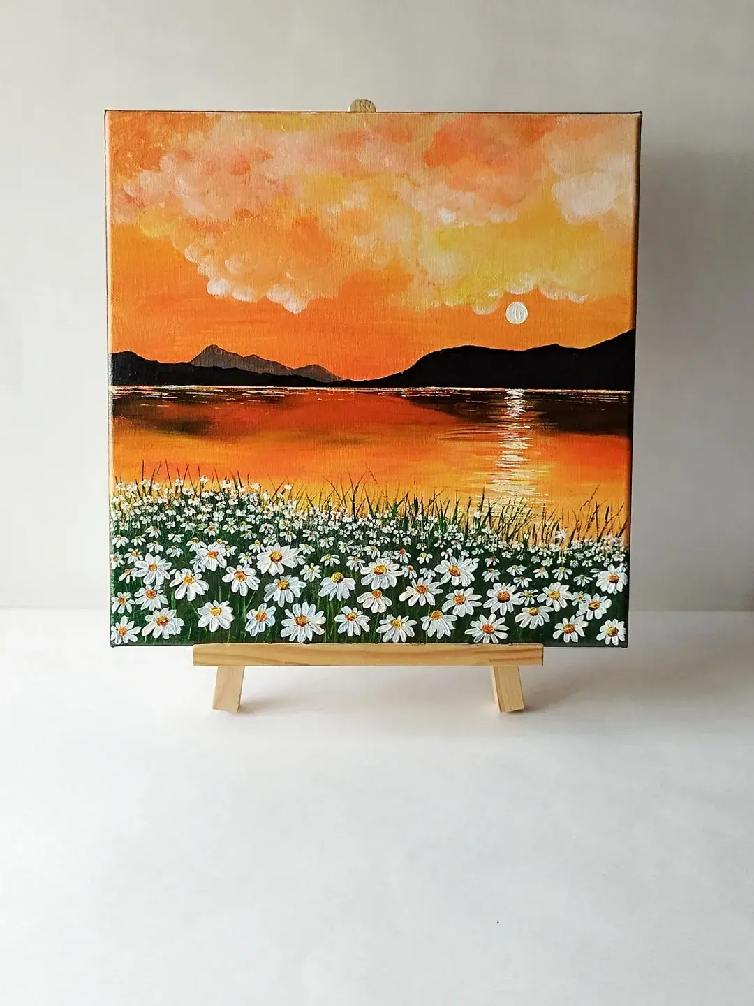 Lake sunset painting, Daisies painting, Sunset landscape acrylic painting, Canvas sunset painting, Painting im