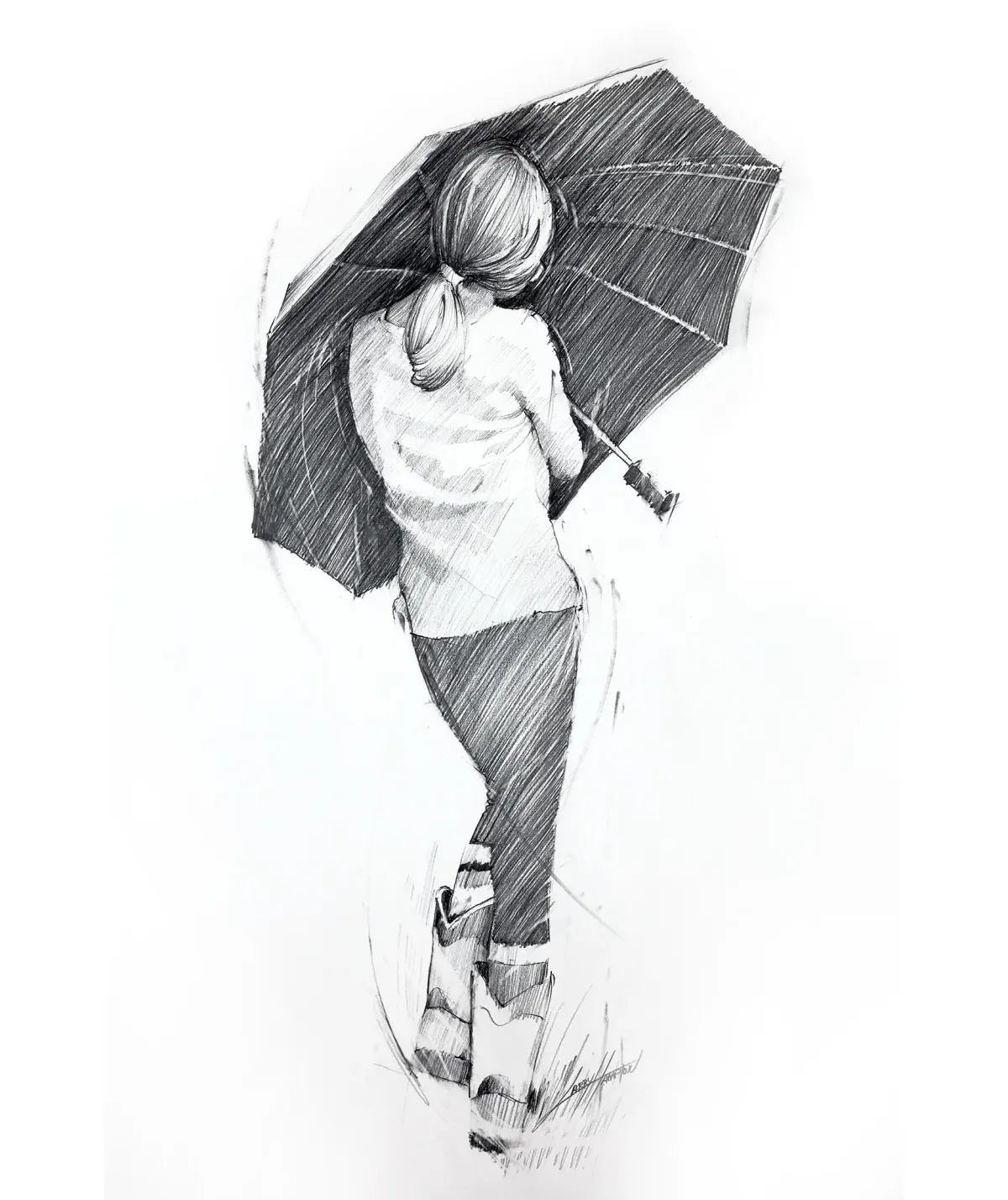 Umbrella Girl Pencil Drawing Fine Art Print
