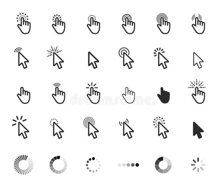 Computer Mouse Click Cursor Gray Arrow Icons Set and Loading Icon. Illustration. Stock