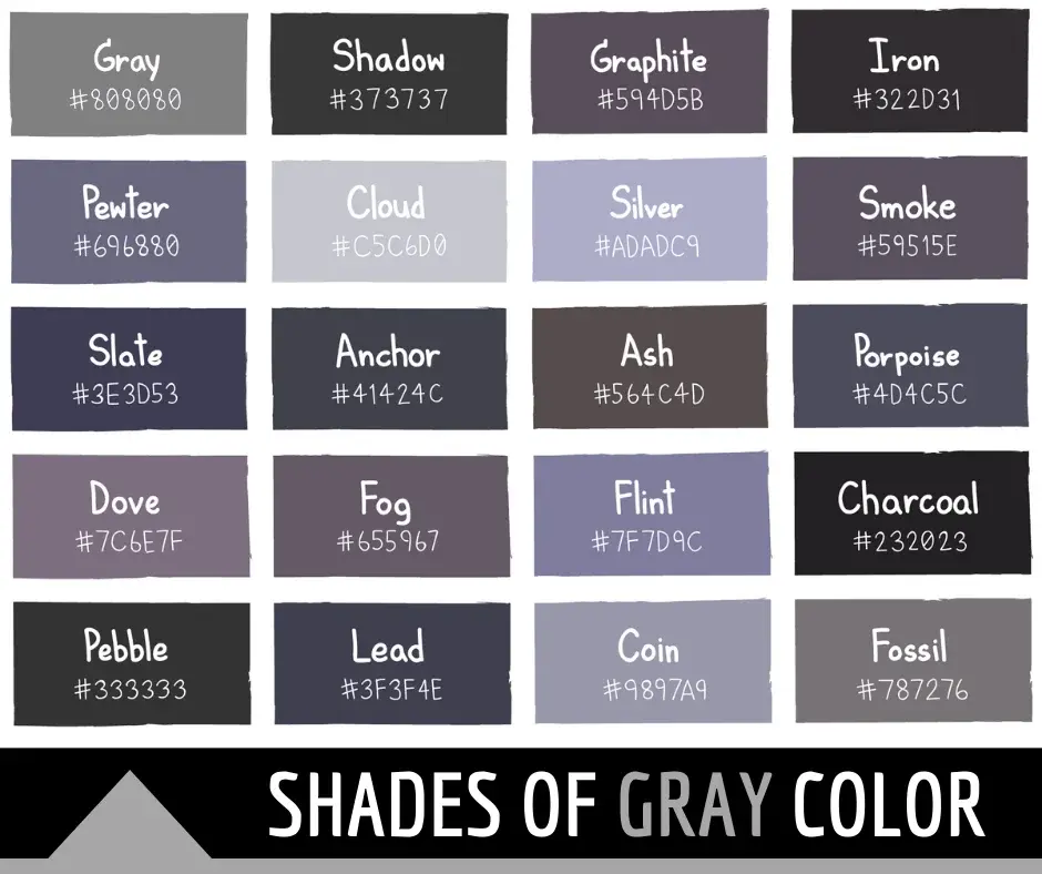 136 Shades of Gray: Color Names, Hex, RGB, CMYK Codes